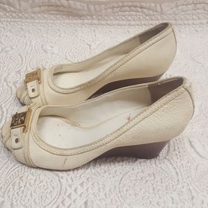 Tory Burch Ivory Peep-Toe Wedges